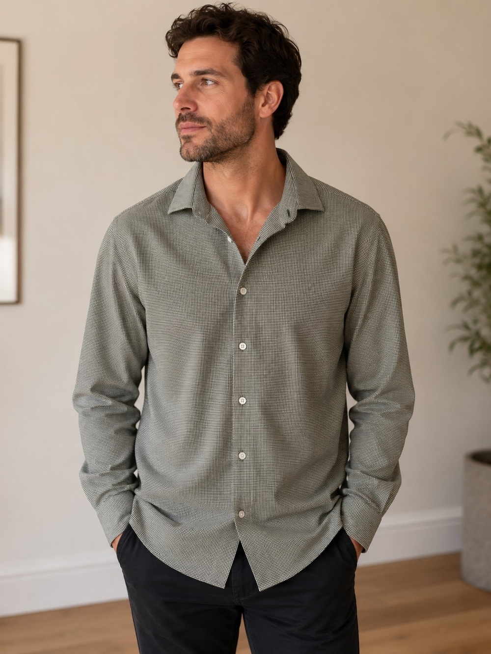 Mizzen+Main Performance Button Up Shirt Men's Medium Trim Fit Grey Check